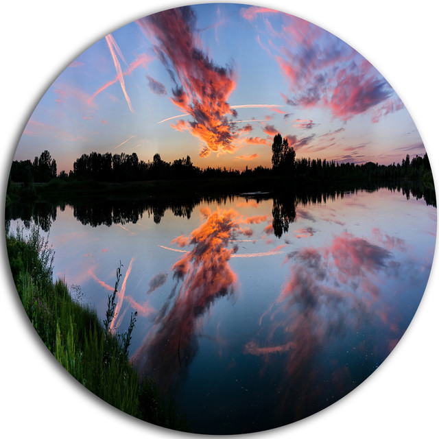 Sunset Sky Mirrored In Lake Water, Landscape Disc Metal Wall Art