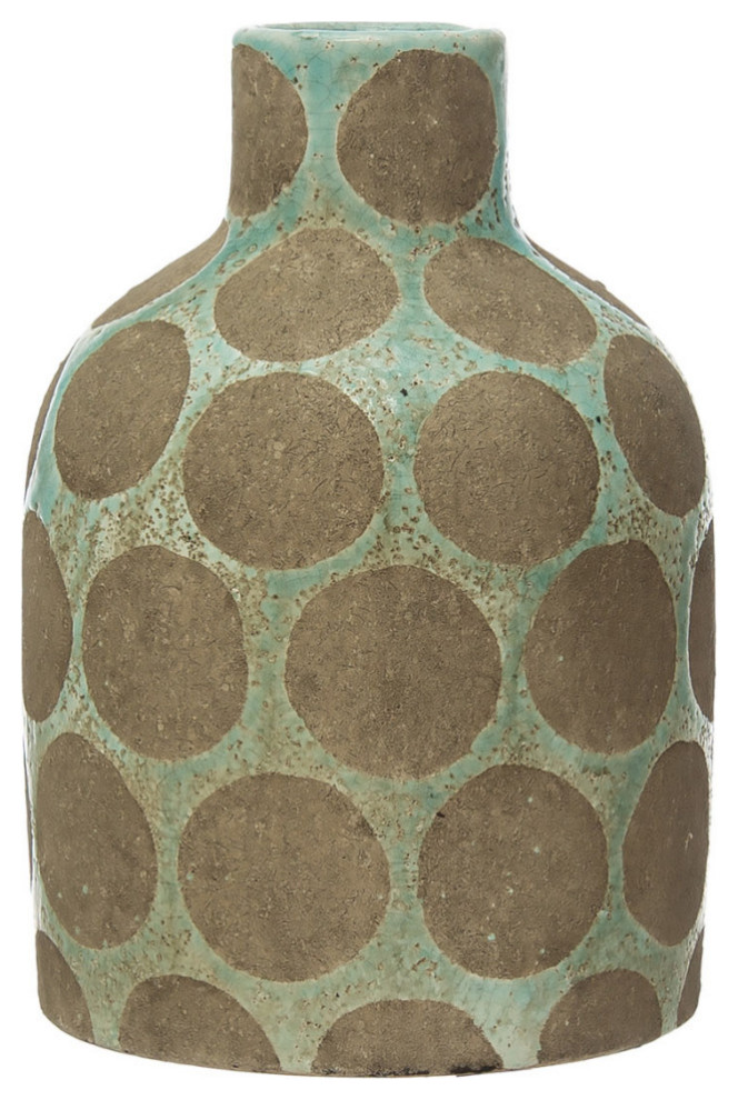 Terra-cotta Vase with Wax Relief Dots, Aqua and Cement