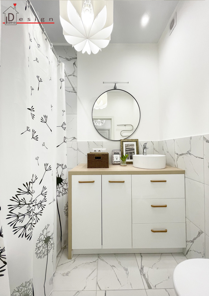 Design ideas for a medium sized contemporary ensuite bathroom in Moscow with white cabinets, a wall mounted toilet, white walls, porcelain flooring, a built-in sink, white floors, beige worktops and a freestanding vanity unit.
