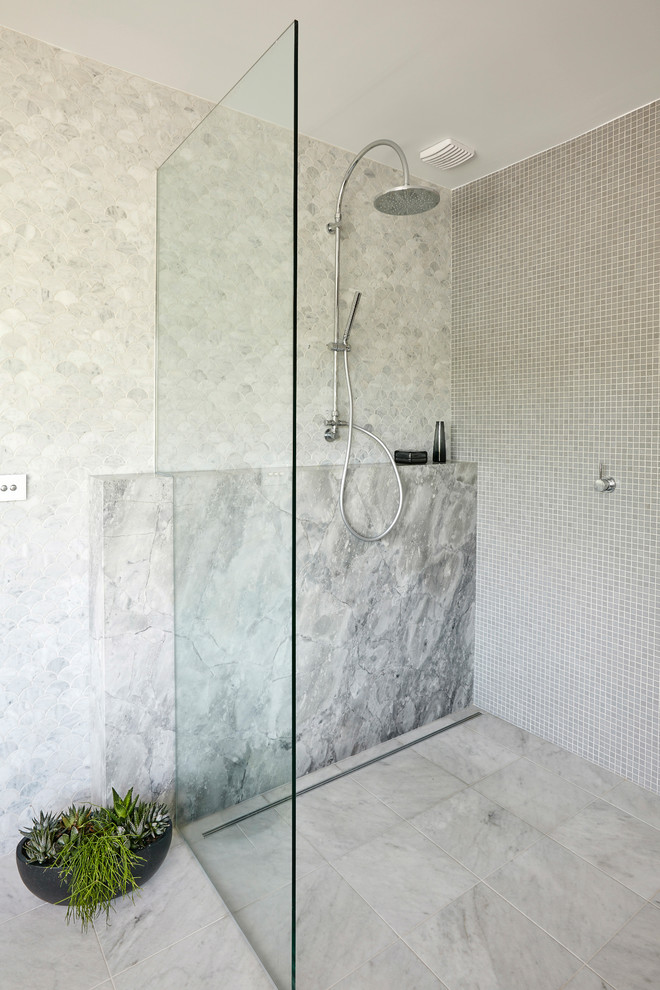 Design ideas for a large contemporary master bathroom in Sydney with medium wood cabinets, a freestanding tub, a corner shower, gray tile, marble, grey walls, marble floors, an undermount sink, marble benchtops, grey floor and an open shower.