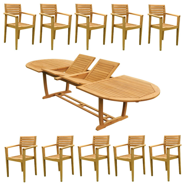 11Pc Outdoor Teak Dining Set 117" Masc Oval Table, 10 Montana