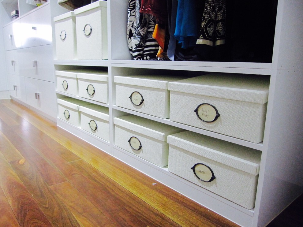 Photo of a mid-sized modern women's walk-in wardrobe in Sydney with open cabinets, white cabinets and light hardwood floors.