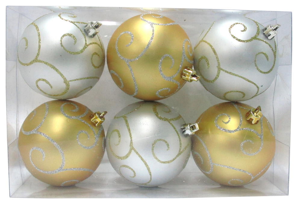 6Pack Gold And Silver Ball Ornament With Swirl Design Contemporary