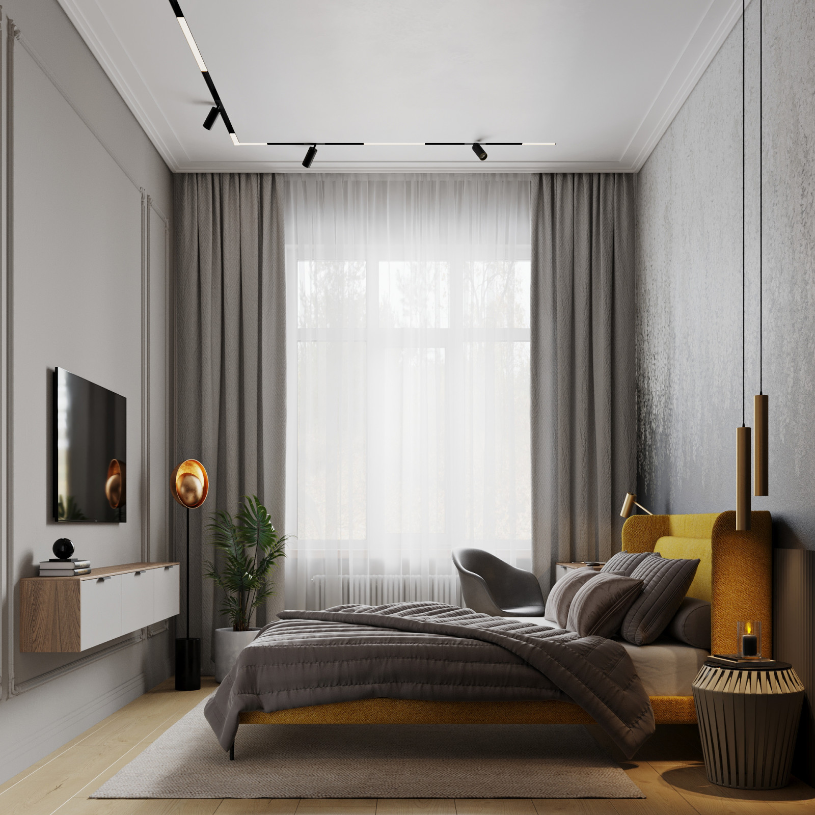 Спальня с эффектным панно