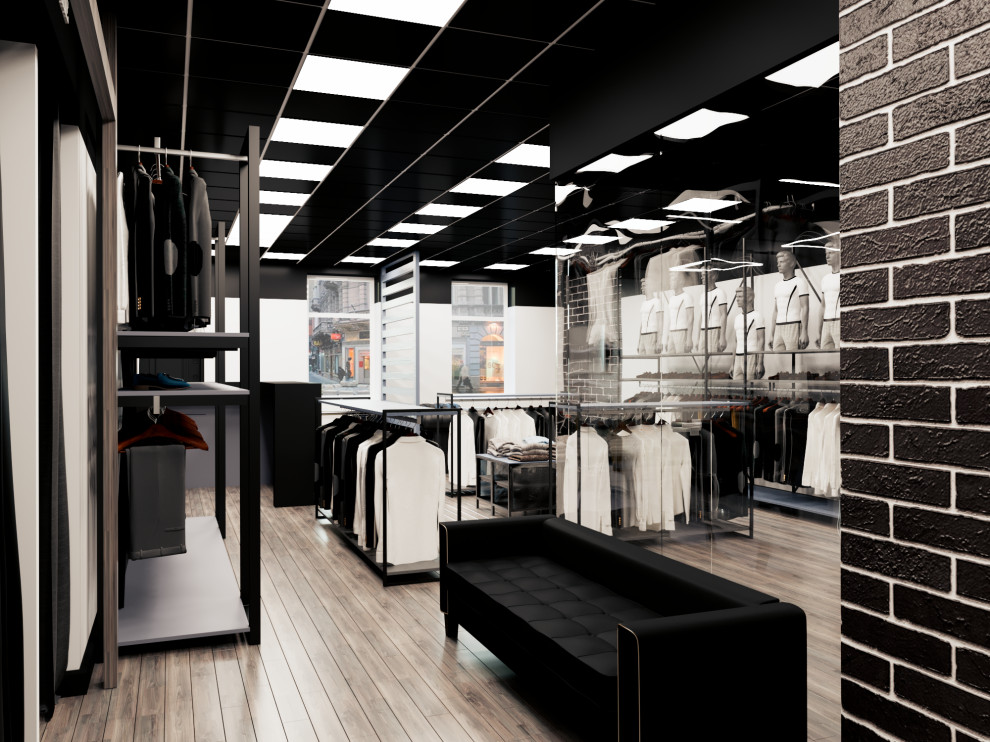Брутальный лофт. Дизайн интерьера магазина мужской одежды и барбершопа "ALL MAN"
