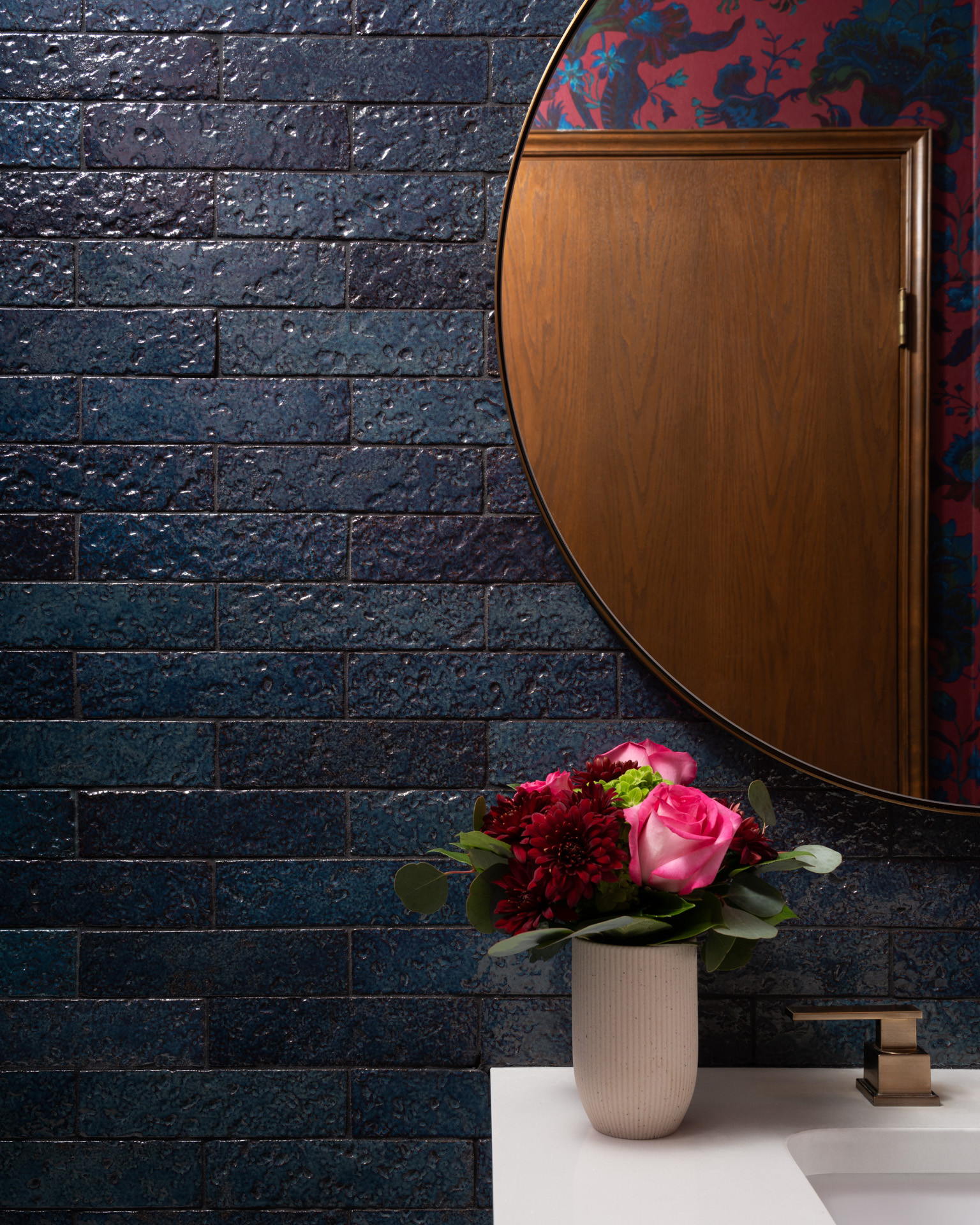 Tiger Mountain Powder Room Glazed Clay Wall Tile with a Peep of the Wallcovering