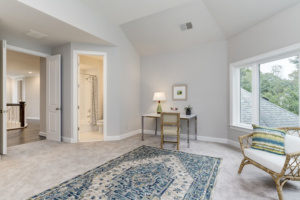Large transitional master bedroom in DC Metro with grey walls, carpet, no fireplace and beige floor.