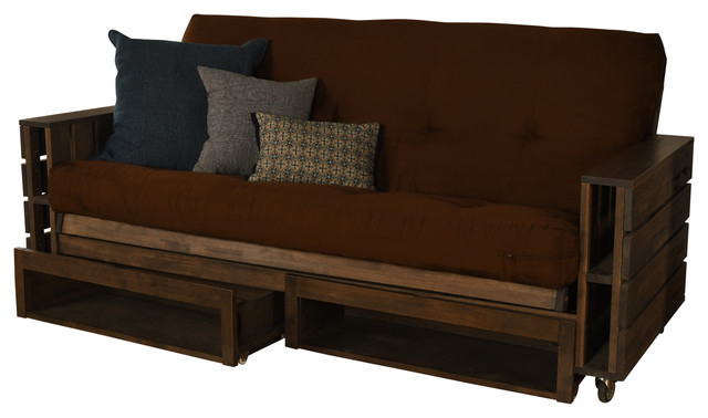 Ashland Frame Futon Rustic Walnut Storage Drawers Suede