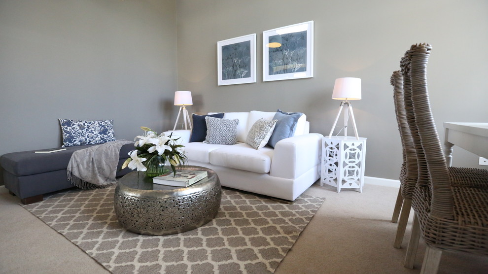 Design ideas for a small transitional open concept living room in Sydney with grey walls and carpet.