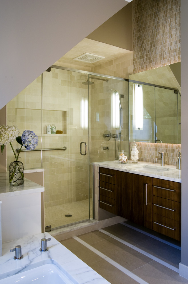 Photo of a modern bathroom in Chicago with flat-panel cabinets, dark wood cabinets, an alcove shower, beige tile and matchstick tile.