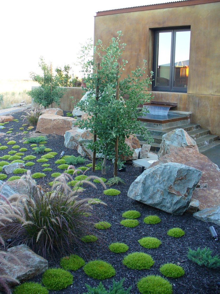 Design ideas for a mid-sized contemporary courtyard partial sun garden in Sacramento with a water feature.
