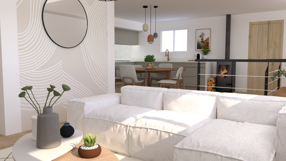 Skandinavisches Wohnzimmer mit beiger Wandfarbe, hellem Holzboden und TV-Wand in Bordeaux