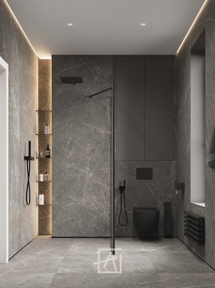 Минималистичный дизайн ванной комнаты в имитации камня
