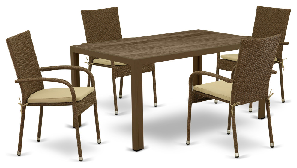5Pc Outdoor Brown Wicker Dining Set, Patio Table, 4 Balcony Backyard