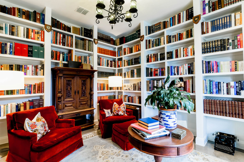 Mid-sized trendy concrete floor and gray floor home office library photo with white walls