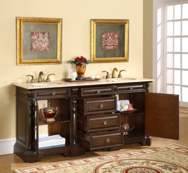 72 Inch Dark Brown Double Sink Bathroom Vanity, Travertine, Traditional ...