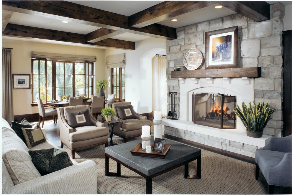Design ideas for a mid-sized transitional formal open concept living room in Chicago with a standard fireplace, beige walls, a stone fireplace surround and brown floor.