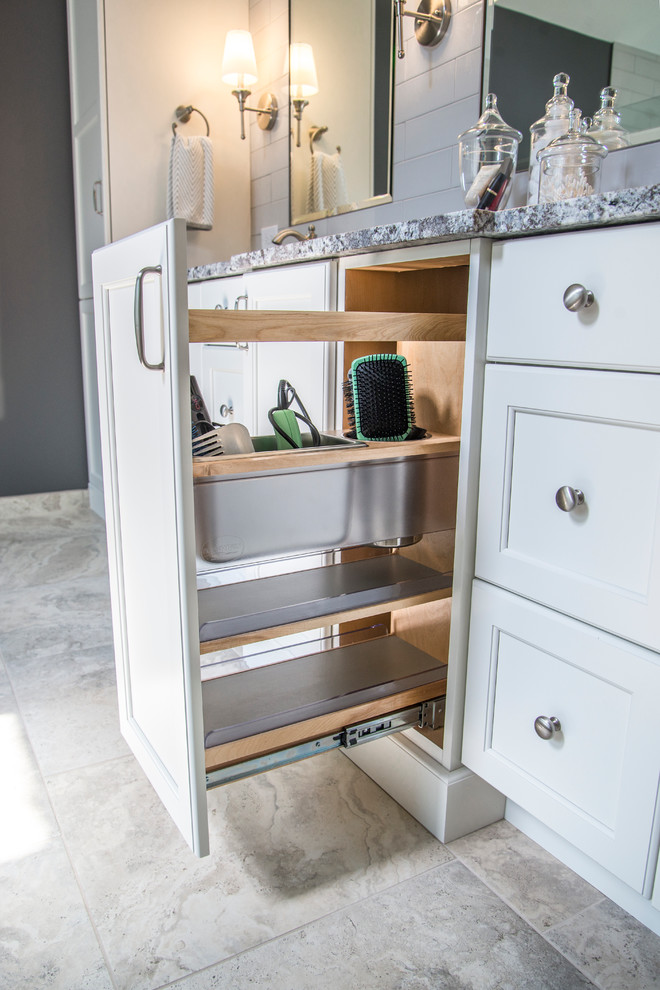 Example of a mid-sized transitional master gray tile and subway tile porcelain tile freestanding bathtub design in Chicago with flat-panel cabinets, white cabinets, a two-piece toilet, gray walls, an undermount sink and granite countertops