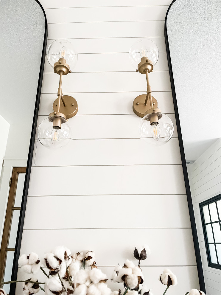 Large transitional master porcelain tile, gray floor and double-sink freestanding bathtub photo with light wood cabinets, a two-piece toilet, white walls, a drop-in sink, wood countertops, a hinged shower door, brown countertops and a freestanding vanity