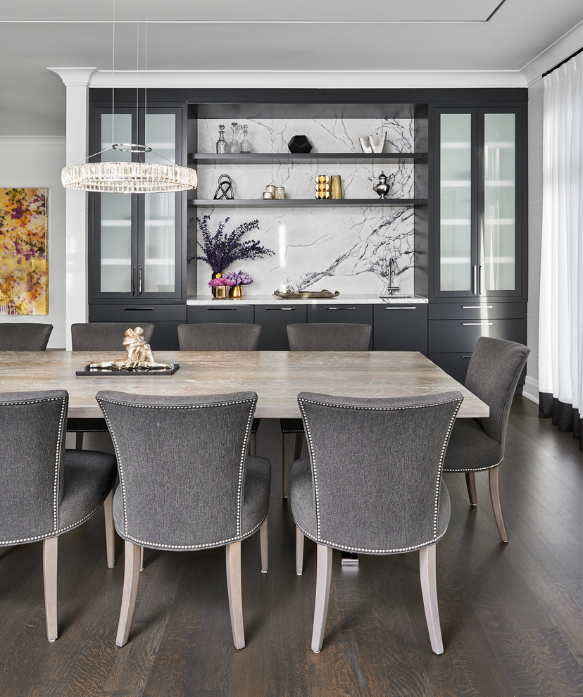 Inspiration for a mid-sized contemporary dining room in Toronto with white walls, dark hardwood floors and brown floor.