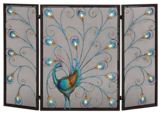 Peacock Themed Metal 3 Panel Fireplace Screen, Multicolor