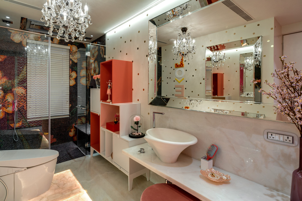 Design ideas for a mid-sized contemporary kids bathroom in Mumbai with a one-piece toilet, white tile, marble, white walls, marble floors, marble benchtops, pink floor and white benchtops.
