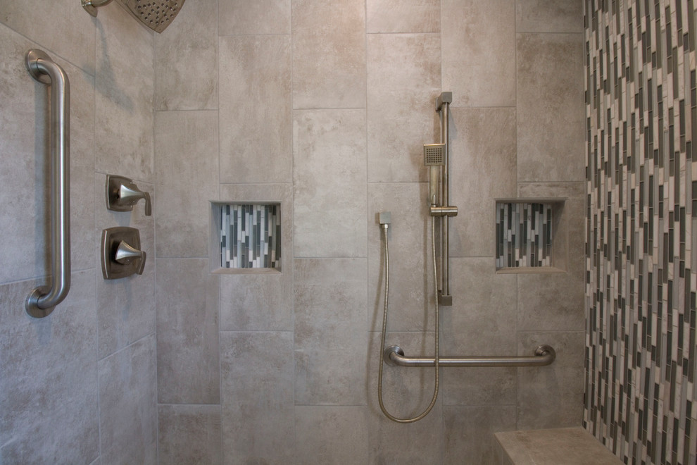 Mid-sized transitional master gray tile and ceramic tile ceramic tile walk-in shower photo with an undermount sink, raised-panel cabinets, white cabinets, granite countertops, a two-piece toilet and gray walls