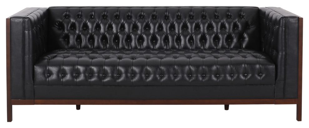 Elias Faux Leather Tufted 3 Seater Sofa, Midnight + Espresso