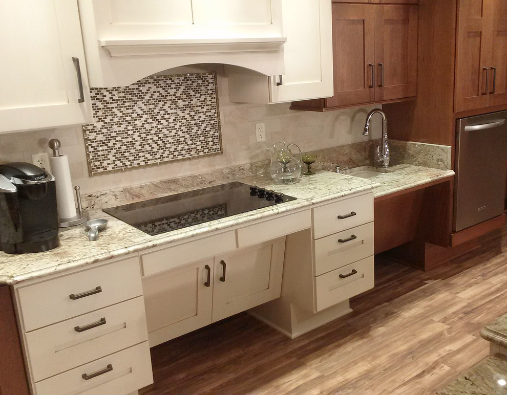 Large transitional l-shaped medium tone wood floor open concept kitchen photo with an undermount sink, shaker cabinets, medium tone wood cabinets, granite countertops, beige backsplash, ceramic backsplash, white appliances and an island