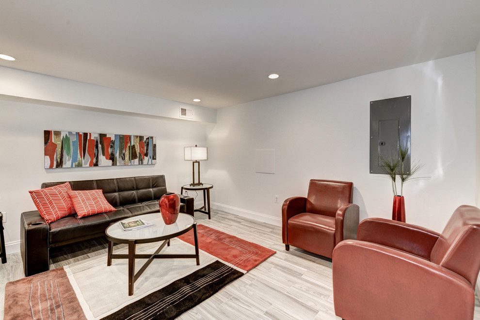 Contemporary living room in DC Metro with light hardwood floors and white walls.