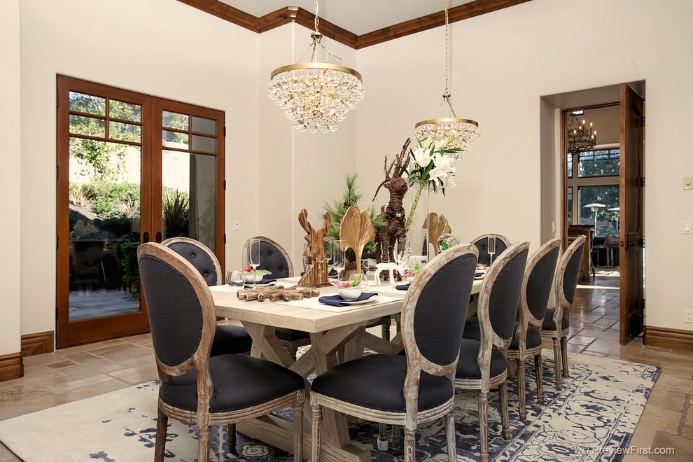 Mid-sized transitional separate dining room in San Diego with white walls, travertine floors and no fireplace.
