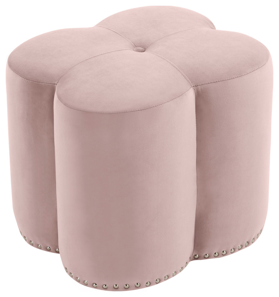 Clover Velvet Upholstered Ottoman, Pink, 19" W x 17" D