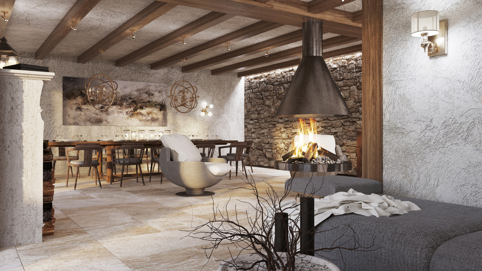 Проект интерьера террасы с камином