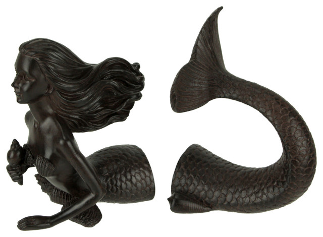 Rust Brown Resin Swimming Mermaid Top and Tail Half Decorative Bookend Set