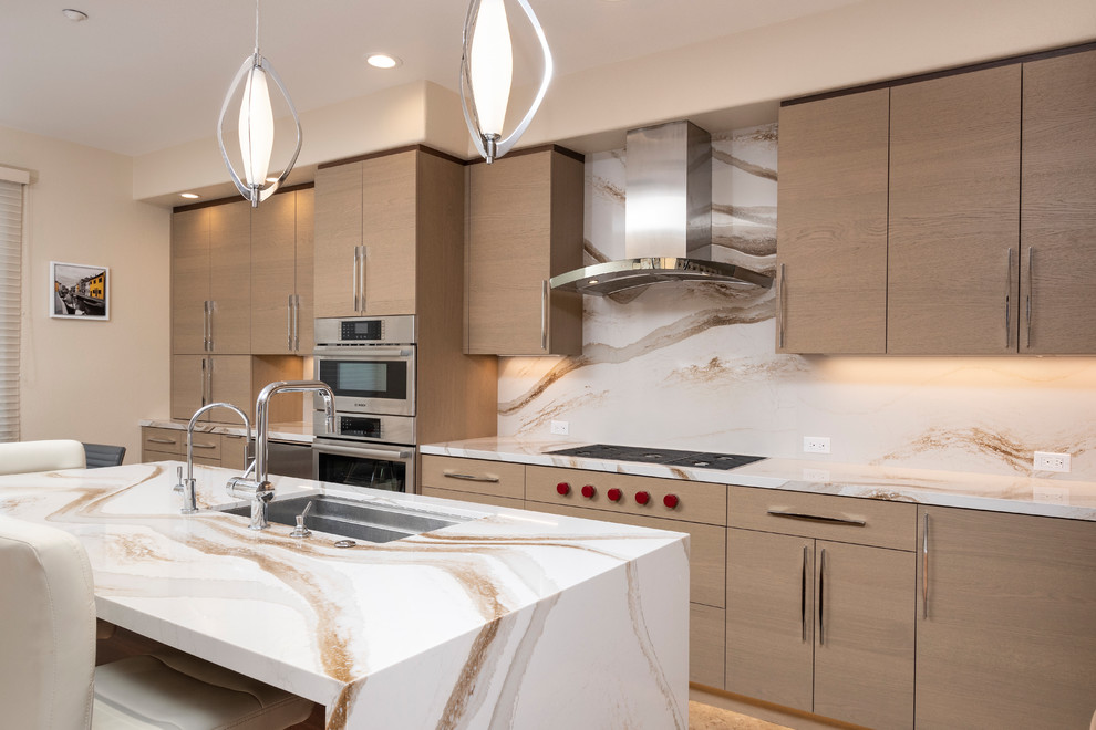 Inspiration for a mid-sized contemporary galley eat-in kitchen in San Francisco with an undermount sink, flat-panel cabinets, brown cabinets, quartz benchtops, multi-coloured splashback, stainless steel appliances, porcelain floors, with island, brown floor and multi-coloured benchtop.