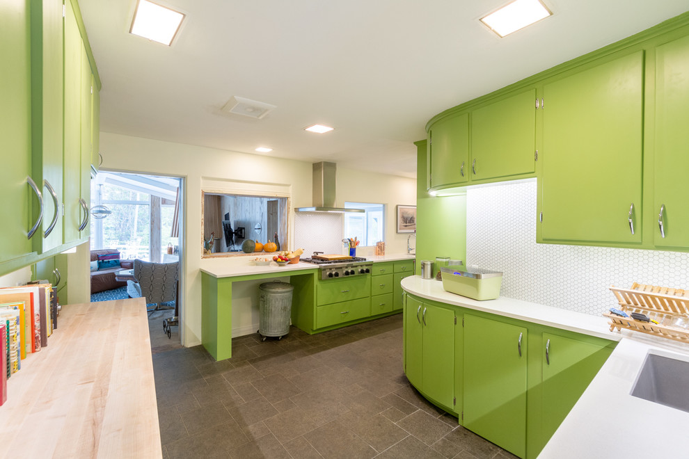 Design ideas for a large midcentury l-shaped separate kitchen in Milwaukee with an undermount sink, green cabinets, quartz benchtops, white splashback, porcelain splashback, white appliances, slate floors, no island, grey floor and yellow benchtop.