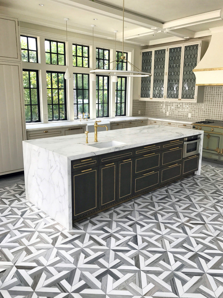 Inspiration for a large transitional l-shaped kitchen in San Francisco with marble benchtops, beige splashback, ceramic splashback, coloured appliances, marble floors, with island, multi-coloured floor, white benchtop, coffered and an undermount sink.