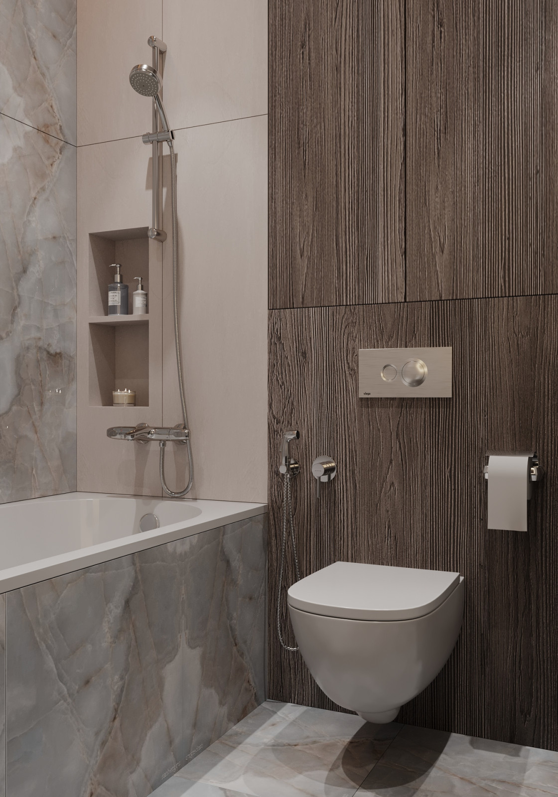 Ванная с керамогранитом под оникс