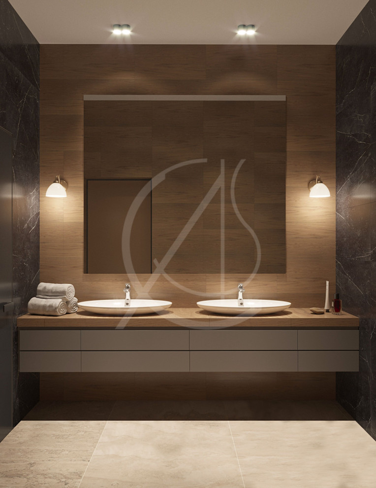 Mid-sized modern master bathroom in London with flat-panel cabinets, light wood cabinets, black tile, marble, black walls, marble floors, a vessel sink, beige floor and brown benchtops.