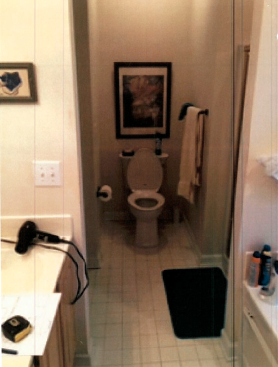 Alcove shower - small transitional master gray tile and porcelain tile vinyl floor and brown floor alcove shower idea with shaker cabinets, white cabinets, a two-piece toilet, blue walls, a vessel sink and quartz countertops