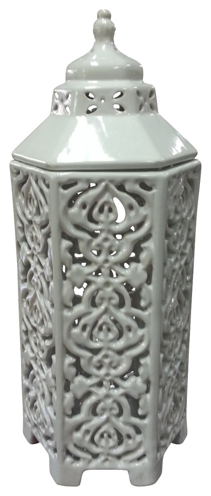 White Hexagonal Candle Lantern With Lid