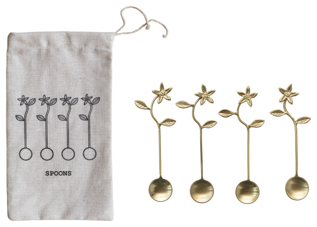 5.35 Stainless Steel, Brass Spoons, Kitchen, Drawstring Bag, Gold, Set of 4