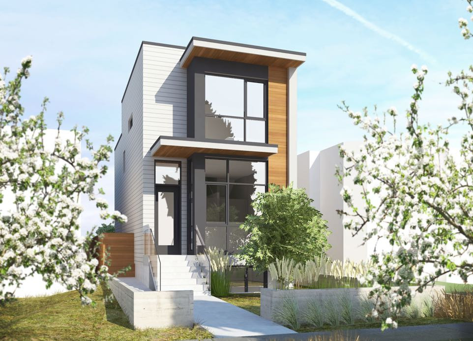 Inspiration för mellanstora moderna grå hus, med tre eller fler plan, blandad fasad, platt tak och tak i metall