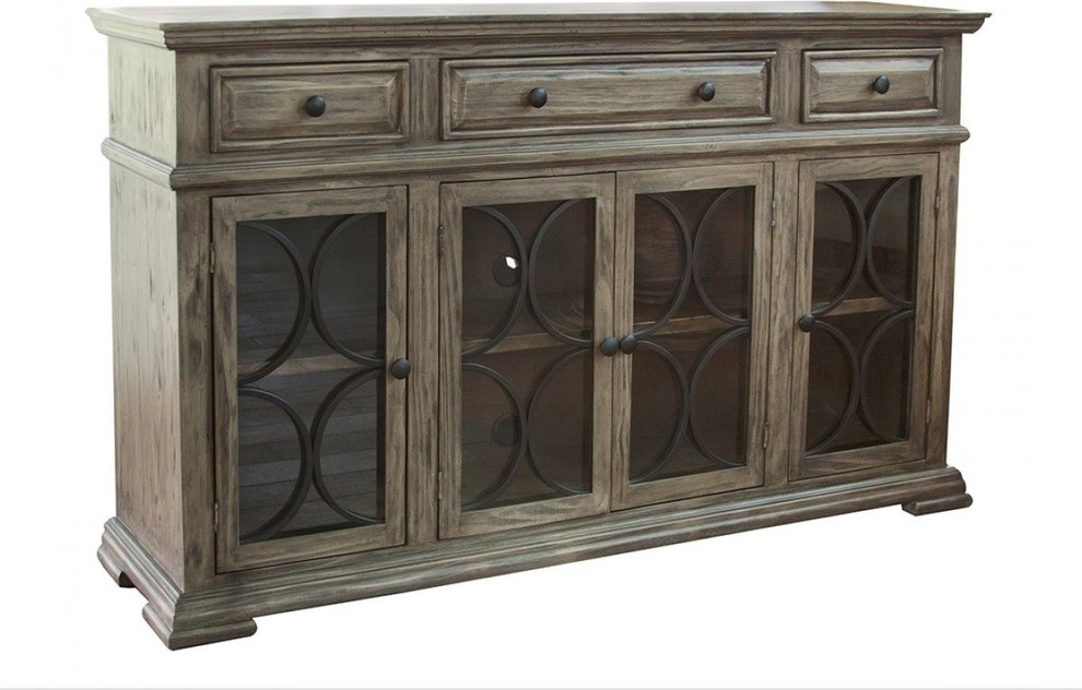Keystone Rustic Solid Wood Sideboard, Console Table With Mirrored Doors