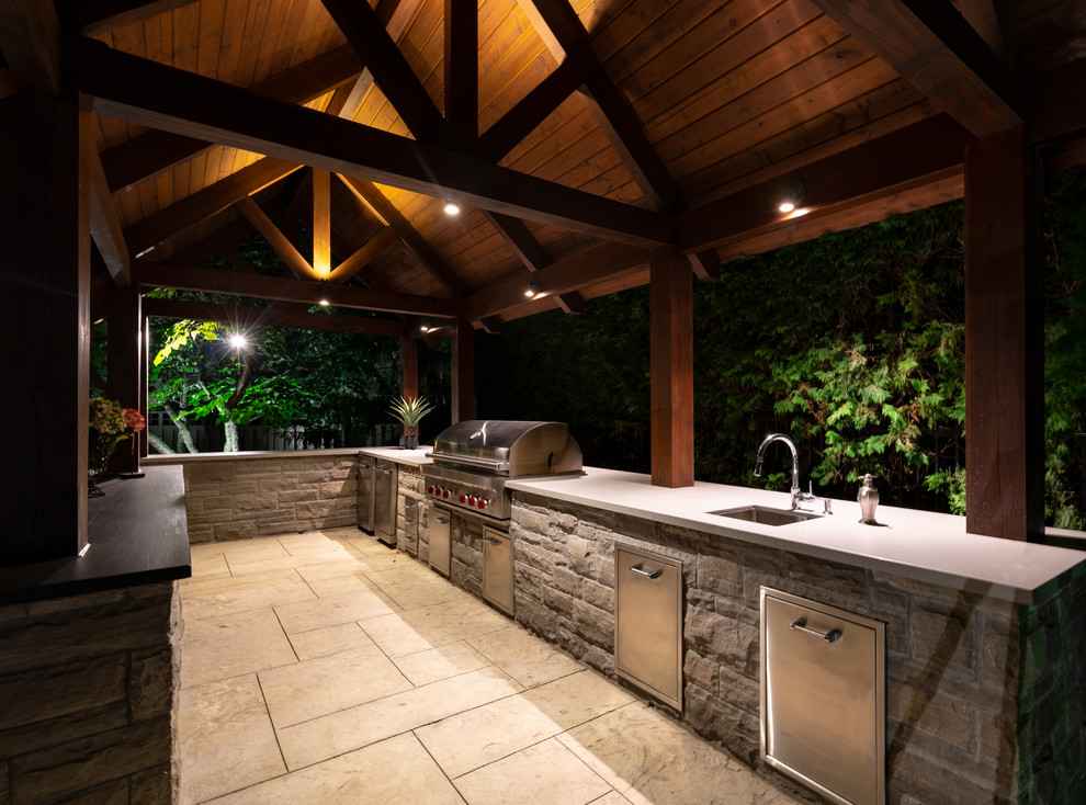 Inspiration for a large country backyard patio in Toronto with an outdoor kitchen, stamped concrete and a gazebo/cabana.