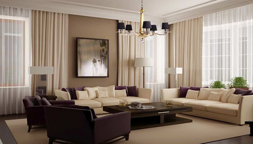 Immagine di un grande soggiorno classico aperto con parquet scuro e TV nascosta