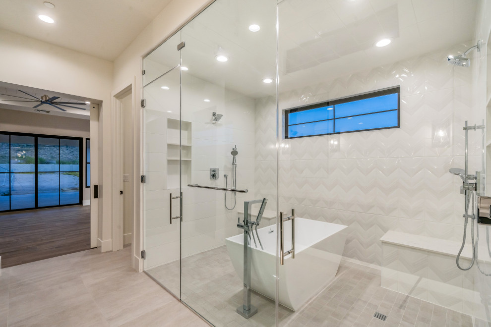 Inspiration for a master double-sink and shiplap wall freestanding bathtub remodel in Phoenix with a floating vanity