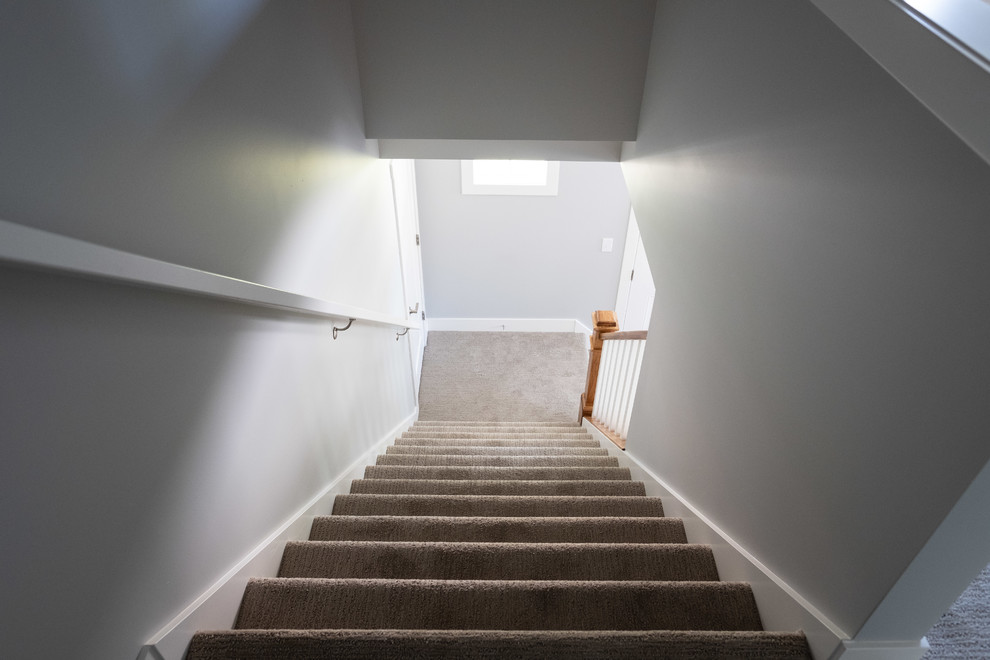 This is an example of a mid-sized traditional carpeted straight staircase in Grand Rapids with carpet risers and wood railing.