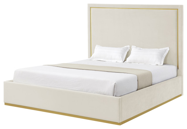 Inspired Home Marceline Bed Upholstered, Beige Velvet Queen