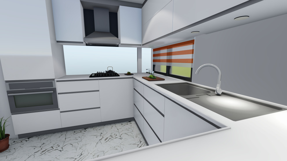 Example of a small trendy u-shaped marble floor and gray floor enclosed kitchen design with solid surface countertops, no island and white countertops